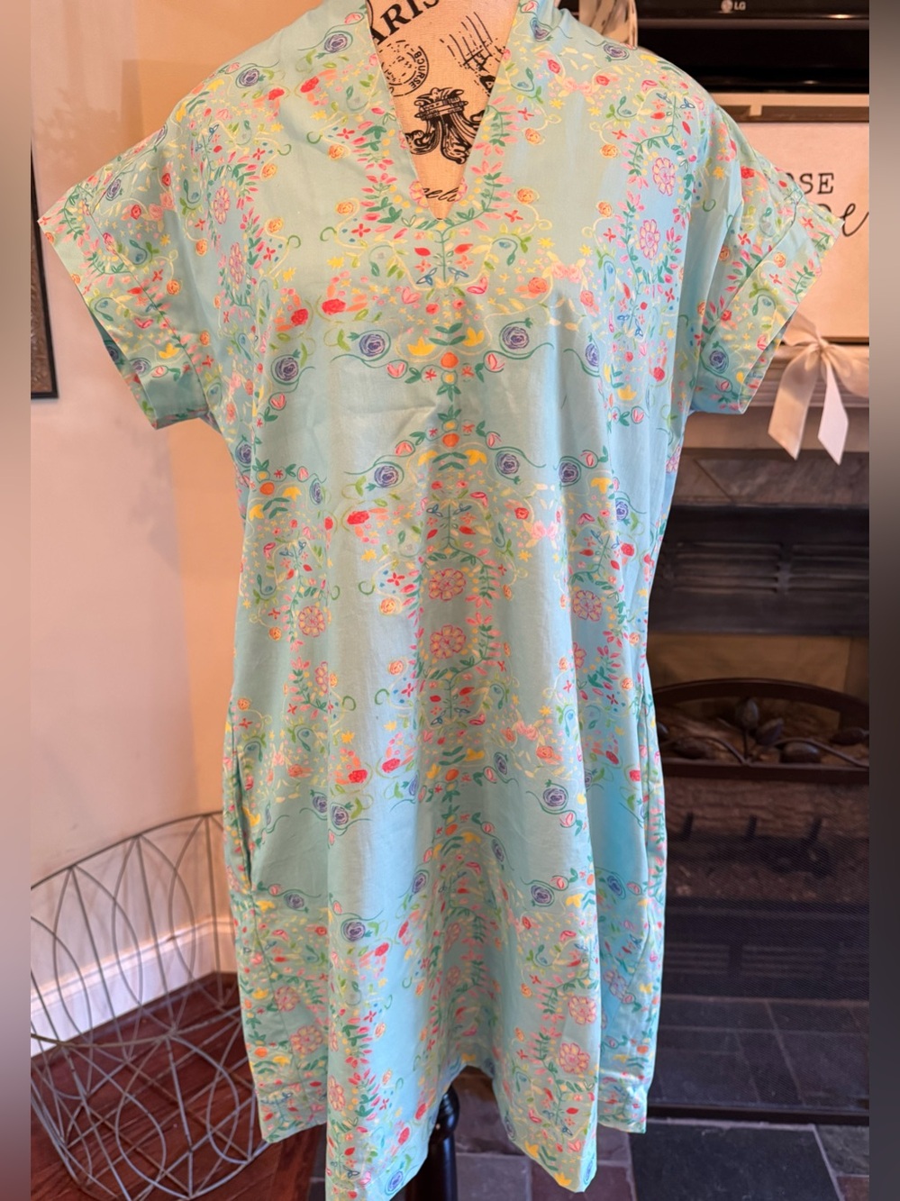 Brooke Wright Designs Aqua Wildflower Mirror Print Nancy Shift Dress Size Small